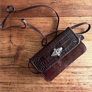 Vintage Brighton Leather Crossbody Wallet Removable Strap / Brown & Silver